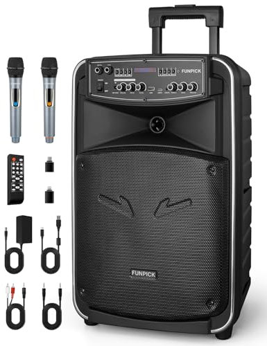 Sistema de Altavoces PA 12” Portátil con 2 Micrófonos Inalámbricos, Karaoke Bluetooth con Trolley, DSP/Grabación/TWS/FM/USB/TV, para Interiores y Exteriores, Control Remoto, Negro