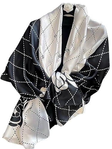WEIGEER Foulard en soie femmes châle Écharpe en soie Silk Scarf Women Chiffon Shawl White Neckerchief Head Wrap Thin Scarf Beach Hijab Belt Vintage Bridal Shawl Binder (Noir et blanc assortis)