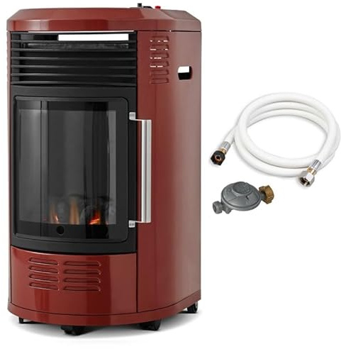 FAVEX - Poêle à gaz infrableu Volga Rouge brique- Chauffage d'appoint à gaz - Prêt à l'emploi livré avec tuyau et détendeur - Effet feu de cheminée - 6 puissances de chauffe Thermostat - Jusqu'à 40 m²