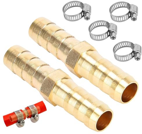 Conector de Tubería de Latón 8mm (Juego de 2) con 4 Abrazaderas de Tubería de Acero Inoxidable,Empalme Manguera,Conector Manguera,Ideal para Agua, Combustible y Aire