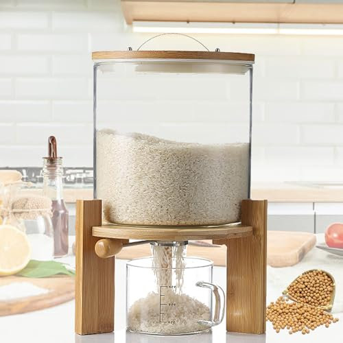 Reisspender Glas, Reisspender mit Messbecher, 5/7.5l Müslispender Küche, Vorratsbehälter mit Luftdichter Deckel für Schwarzen Reis Rote Bohnen und Reis (5L)
