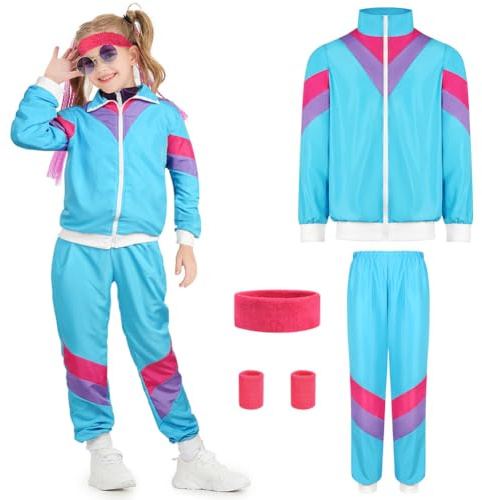 AYBUY Disfraz Niños Chandal, Disfraz de Chándal de Los Años 80 Con Bolsillos, Chaqueta y Pantalón con Diadema y Muñequera, Estilo Retro, Disfraz para Grupo, Fiesta Temática, Azul L (140-150cm)