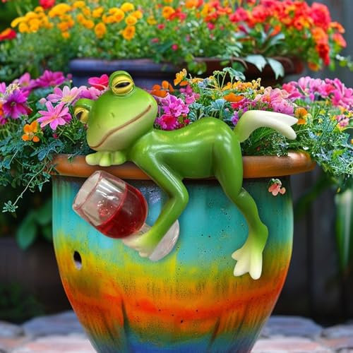 DZAY Blumentopf Hänger Frösche Deko Figuren Frosch Deko Frösche Tiere Harz Statue Gartendeko Miniteich,Gartenteich Grün Frosch Blumentopfhänger Figuren Balkon Deko Garten Topfdekorationen