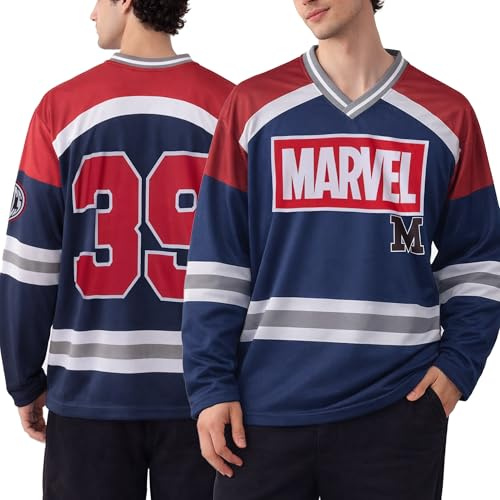 Marvel Camiseta de hockey para hombre – Spider-Man Punisher y Mickey Mouse Clásica de manga larga con gráfico de malla para hombre, Azul marino. Marvel, X-Large