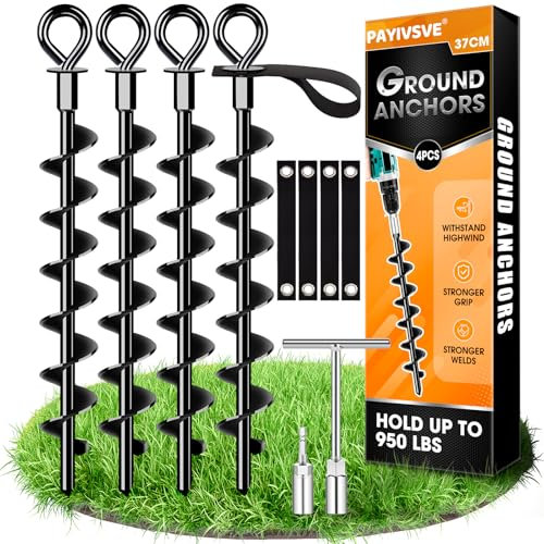 Payivsve Ground Anchor, Ground Anchor, Heavy Duty – Robust Ground Anchors Set of 4 with Straps – Trampoline Ground Anchor, Trampoline Set for Attaching Trampoline, Canopy, Swing etc