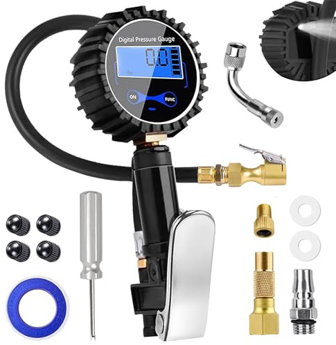 Juego de inflador de neumáticos de 3 ~ 200 psi, calibrado con 20 accesorios, medidor de presión digital multifuncional con pantalla LCD para coche, moto, bicicleta, vehículo