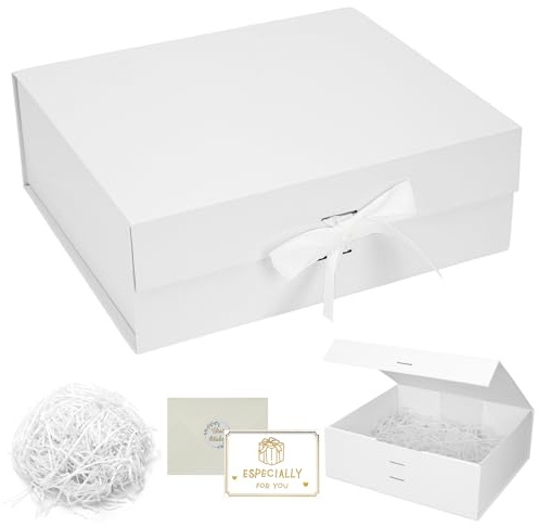 Large Gift Box White, 31.5x26x10.5cm, Present Box With Magnetic Lids | Comes With Bag, Card, Ribbon, Shredded Paper, Gift Packaging for Festivals, Weddings, Birthdays, Etc.