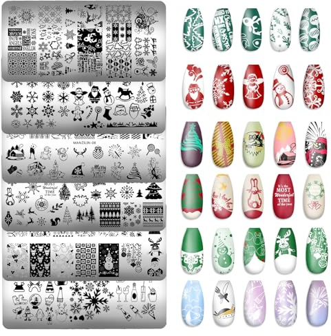 NICENEEDED - Juego de 6 Placa de Estampación para Uñas Navideñas, Plantillas de Sellos de Árbol de Navidad, Copo de Nieve Y Muñeco de Nieve, Placas de Decoración de Uñas para Diseños DIY de Invierno