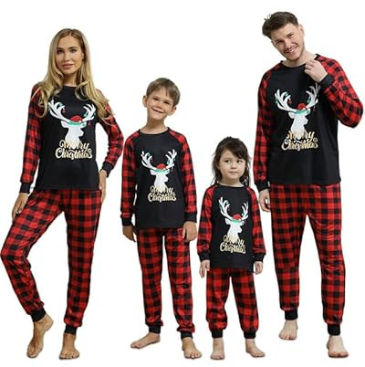 DDKJ Pigiama Natale Famiglia Set, Pigiami Natalizi per Tutta la Famiglia, Pigiama Natalizio Coordinati Manica Lungo, 2 Pezzi Pigiami di Natale per Coppia Donna Uomo Bambino Bambina Mamma papà