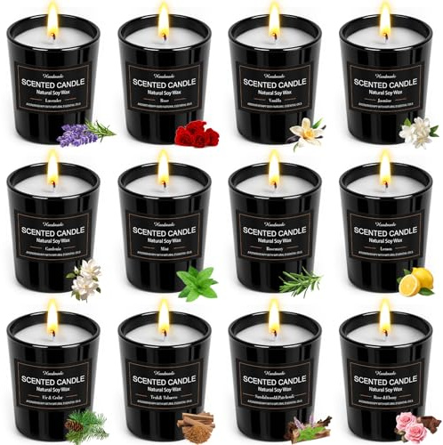 Vela perfumada en vaso, set de regalo de 12 velas perfumadas con 180 horas de combustión, Vela de cera de soja en vaso, set de velas perfumadas, Pequeños obsequios para mujeres, colegas, Navidad
