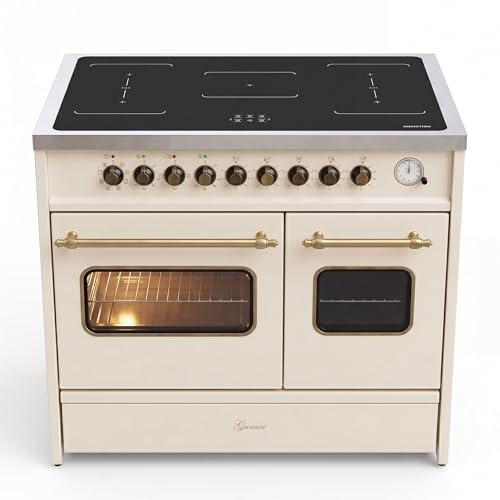 Gurari Cuisinière à induction 90 cm GCH E 913 DF CR • Rétro Range Cooker Crème • 2 fours • 5 zones à induction avec 2 zones flexibles et booster • Émail Easy Clean • Cuisinière électrique Premium