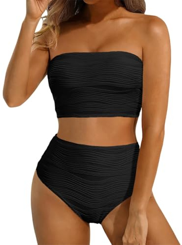 Maillot de Bain 2 Pièces Femme Bikini Bandeau Bustier à Texture Gauffrée avec Bas de Bikini Échancré Taille Haute