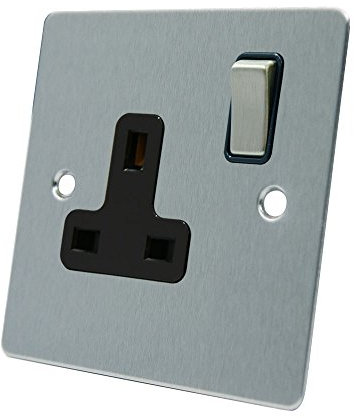 AET FSC1GSOCBS 13 A 1-Gang Satin Chrome Flat Single Plug Socket with Black Insert Metal Rocker Switch
