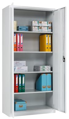 Furni 24 Aktenschrank, fertig montiert, 195x92x42cm, Stahlflügeltürschrank Materialschrank, Abschließbarer Spind, Aktenschrank mit 5 Fächern, Werkzeugschrank, Mehrzweckschrank, Universalschrank, grau