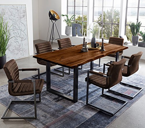 SAM 7 TLG. Essgruppe Quintus, Baumkantentisch 180x90 cm, Akazie-Holz nussbaumfarben, Gestell schwarz, 6X Schwingstuhl Parzivo Wildleder-Optik