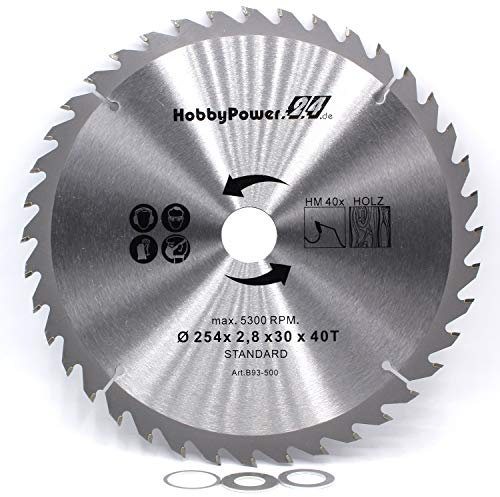 1 Kreissägeblatt Sägeblatt 254x30mm 40 Zähne + 3 Reduzierringe auf 25,4/20 / 16 mm für Metabo Kappsäge KS 254 Plus, Kappsäge KGS 254 M