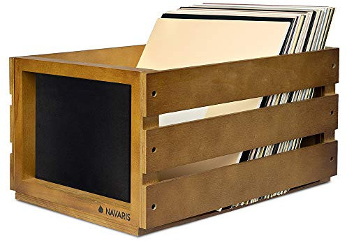 Navaris Holz Schallplatten Kiste mit Kreidetafel - 42,9 x 34,4 x 22,9 cm - für bis zu 80 LP Platten - Vinyl Aufbewahrung Holzkiste - Braun