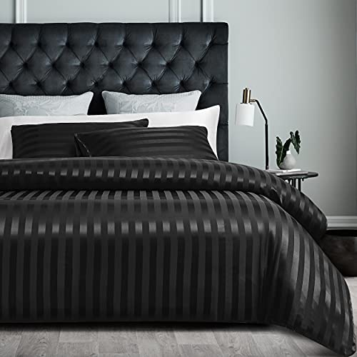 Damier Biancheria da letto, 155 x 220 cm, colore nero satinato, set di biancheria da letto, biancheria da letto in raso, lucido, di alta qualità, con chiusura lampo nascosta, 155 x 220 cm + 80 x 80 cm