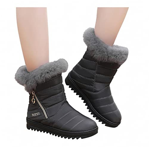 Hbeylia Platform Winter Snow Boots For Women Ladies Fashion Waterproof Lightweight Plush Fur Lined Warm Mid Calf Boots Soft Cozy Thermal Fleece Lining Slip On Flats Anti Skids Short Boots For Ski