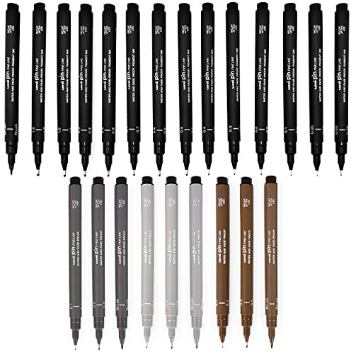 Uni Pin Fineliner Zeichenstifte, Schwarz, Dunkelgrau, Hellgrau, Sepia-Tinte, 23 Stück