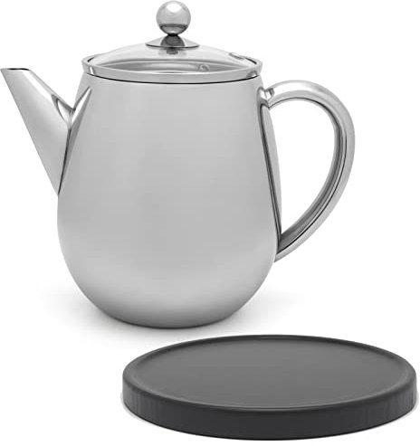 Bredemeijer doppelwandige Teekanne 1.1 Liter - silberne Edelstahl Kanne mit Glasdeckel - Tee-Filter Sieb-Einsatz & schwarzer Holzuntersetzer - ideal für losen Tee