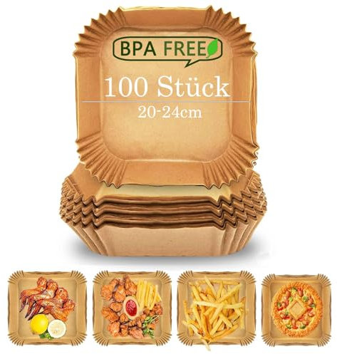 Backpapier für Heißluftfritteuse, 100 Stück 20-24cm/5-7,5L Backpapier Airfryer XXL, Wasserdicht und ölfest Antihaft Einweg Luftfritteusen Quadrat für Heißluftfritteuse, Ofen und Grill