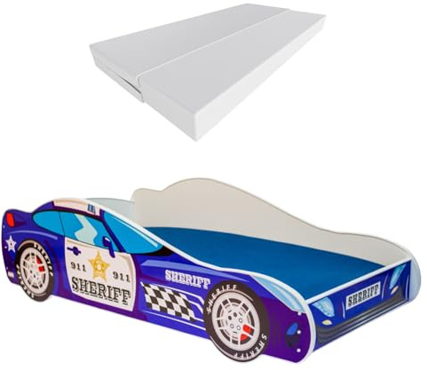 KOBI Lit de Voiture pour Enfant | Sheriff Car | 70 x 140 cm | Multicolore | Thème Police Gendarmerie Car | Enfants Garcon Fille | avec Sommier et Matelas | Cabane avec Barriere