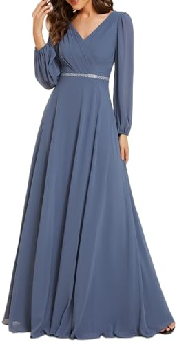 Ever-Pretty Vestido Elegante Mujer Ceremonia Manga Larga Escote En Pico Falda hasta El Suelo Vestido De Noche Azul Vaquero 40