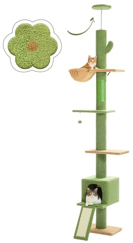 PAWZ Road Cat Tree Floor to Ceiling with Height Adjustable 216cm to 273cm, Cat Tower with Cat Condo, Hammock, Scratching Post and Ladder, Anti-Fall Belt, 5 Tiers Tall Climbing Tree Green