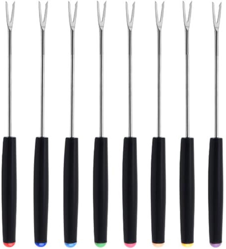 CPSYTE Lot de 8 fourchettes à fondue au fromage, couverts à fondue en acier inoxydable, au fromage avec poignée résistante à la chaleur pour le fromage, le chocolat, 8 couleurs