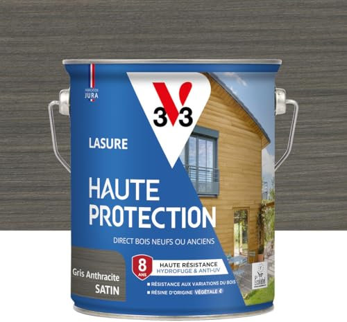 V33 Lasure Bois extérieur Gris anthracite satin - Haute Protection 8 ans - Haute résistance hydrofuge et anti-UV - Résiste aux variations du bois - Ecolabel, résine d'origine végétale - 2,5L
