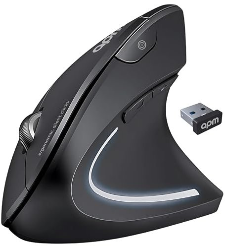 apm Kyno+ Mouse Ergonomico Silenzioso Wireless 2.4G, Mouse Verticale, 1600 DPI Regolabile, 6 Pulsanti, LED, Prevenzione TMS, per Destra PC Mac Laptop e Click Silenziosi, 571167
