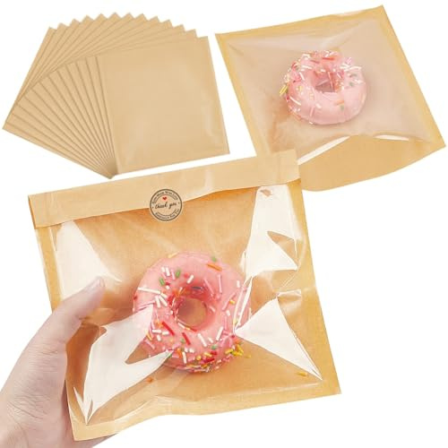 100 Sacs en Papier pour Sandwich avec Fenêtre, Sac à Pain en Papier Kraft 18 x 19cm, Sac de Cuisson, Sacs à Pâtisserie, pour Gâteaux, Cookies, Collations et Bonbons Emballage Sacs Cadeaux