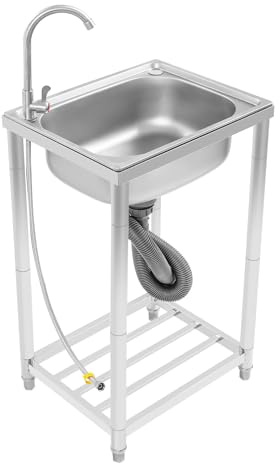 Fregadero móvil de acero inoxidable, fregadero de cocina independiente, lavabo individual, fregadero exterior con grifo, lavabo portátil para restaurante, lavandería, garaje, jardín (50 x 40 x 82 cm)