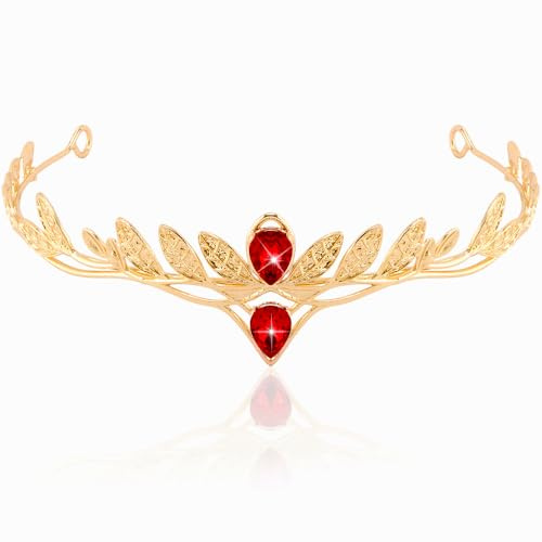 AHONEY Red Rhinestone Gold Headpiece Vintage Fairy Elf Crown Leaf Headwear for Women Men Circlet for Renaissance Accessories Halloween Costume Party