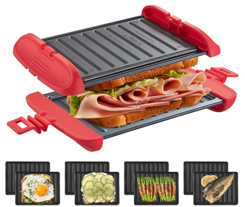 Mico Dingker Microwave Sandwich Maker, Microwave Toastie Maker, Snack Maker & Panini Press, Microwavable Metal, Removable Non-Stick Plates Silicone Microwavable Cookware, Dishwasher Safe, Red
