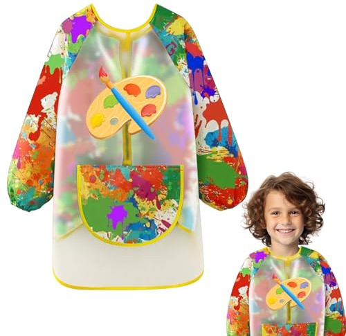 Toivize Tablier Peinture Enfant 1-8 Ans, Blouse Peinture Enfant Imperméable avec Manches et Grande Poche, Tablier En-fant Pein-ture École pour Art, Bricolage et Cuisine
