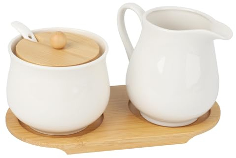 Mjölk- och sockerset, porslinsserveringsset för kaffe och te med lock och sked, sockerskål och kanna med träställ, mikrovågsugnssäker och diskmaskinsäker (vit)