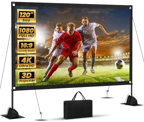 120inch Outdoor Projector Screen with Stand: 16:9 4K HD Portable Projector Screen Outdoor Indoor - Front/Rear Movie Screen with Carry Bag, Sandbag - Projection Screen for Backyard, Camping, Theater