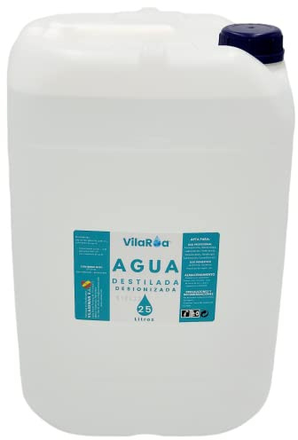 VILAROA Agua Destilada 25L, 6 bidones de Agua Desionizada y Desmineralizada – Alta Pureza para Maquinaria, Bateria, Radiador de Coche, Autoclave, Humidificador y CPAP – Uso Profesional 1.29 µS/cm