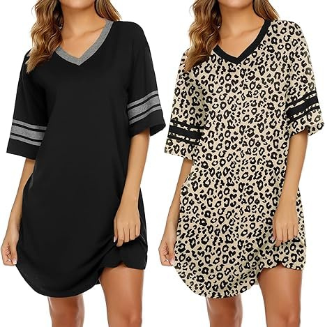 Ekouaer 2 Pack Womens Nighties Oversized Short Sleeve V Neck Nightdresses | soft lounge nightgown, knee-length nighshirt, plus size nighty, breathable fabric, contrast trim, curved hem