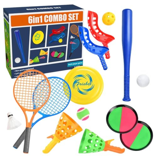 SKIKHN Garden Games,17 Pcs Toss and Catch Ball Set,6 in 1 Garden Toys Sports Set,Bat and Ball Sets for Kids,Scoop Ball,Frisbee & More,Toss Games Multiplay Set for Beach Camping Garden Park Party