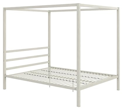 DHP Modern Metal Canopy Platform Bed with Minimalist Headboard and Four Poster Design, Underbed Storage Space, No Box Spring Needed, Queen, White