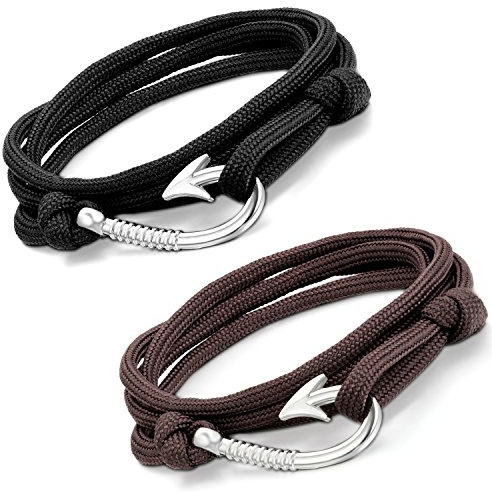 Aroncent 2pcs Fish Hook Bracelet Leather Nylon Braided Wrap Rope Bracelet for Men Wristband Anchor Bracelet Nautical Bracelets for Men Women 8.5-10.5 Inches