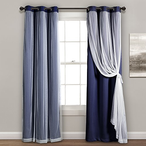 Lush Decor Sheer Grommet Curtains Panel with Insulated Blackout Lining, Room Darkening Window Curtain Set (Pair), 38 W x 84 L, Navy