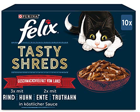 Felix Tasty Shreds Katzenfutter nass in Sauce, Geschmacksvielfalt vom Land, 6er Pack (6 x 10 Beutel à 80g)