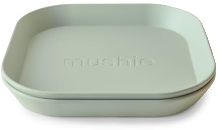 Mushie Dinnerware Plates for Kids | Tableware Set of 2 | Reusable BPA Free | Dishwasher & Microwave Safe | Made in Denmark | Square (Sage)
