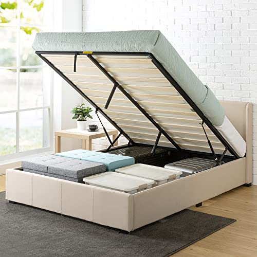 Zinus Maddon Lit Coffre 140x190 cm - Hauteur 31 cm - Système de Levage Hydraulique - Tête & Cadre de Lit Double en Bois tapissier - Beige