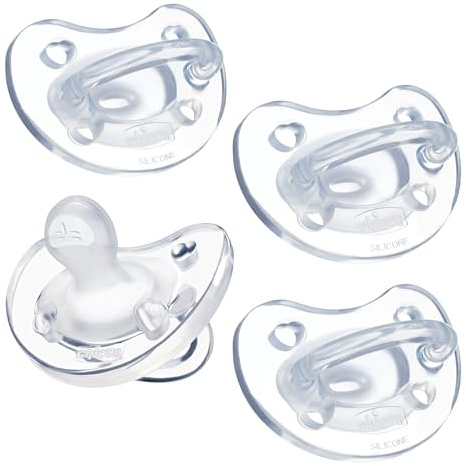 Chicco PhysioForma Silicone Orthodontic Pacifier for Babies 0-6m, One-Piece 100% Soft Silicone, Supports Breathing, Satin-Textured Nipple, Included Sterilizing Case, BPA Free, 4-Pack, Clear