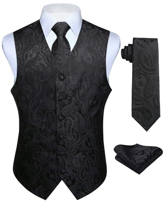 Enlision Mens Suit Vest Set 3PCS Paisley Tuxedo Vest & Tie Pocket Square for Wedding Prom Party Formal Business